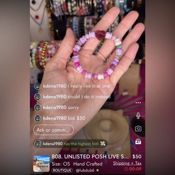 178A. Persian Jade & Pua Kalaunu (crown flower) w/ Swarovski heart Bracelet - Picture 5 of 8